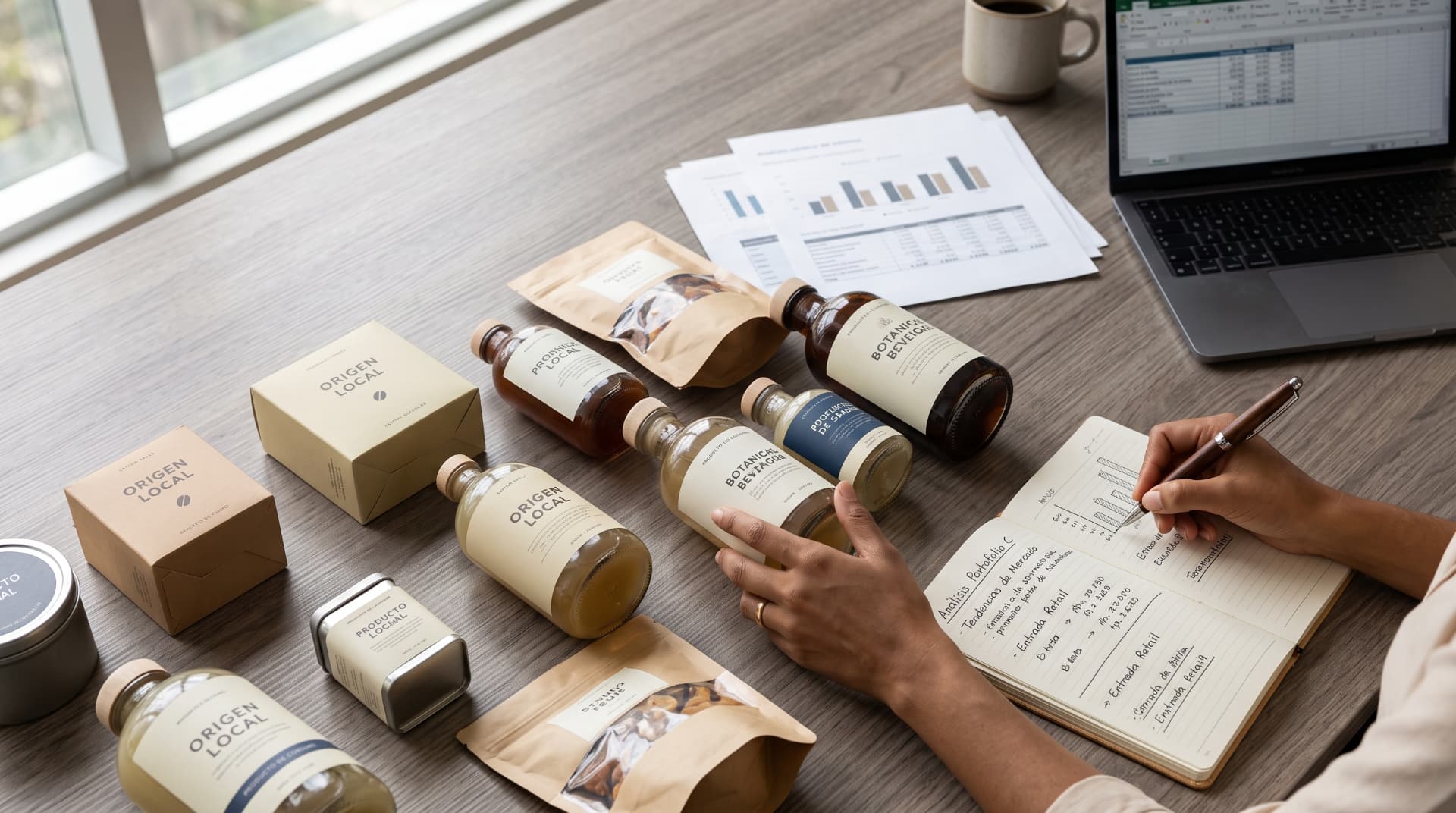 Cajas de empaque de producto de consumo sobre una mesa de trabajo
