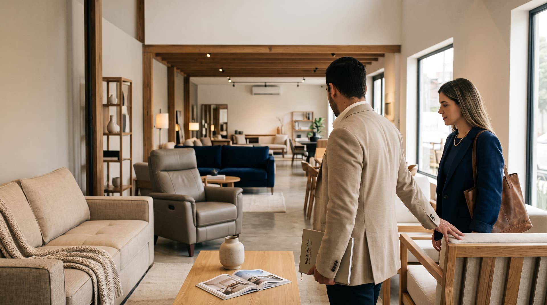 Detalle de un sofá tapizado en un showroom de mobiliario