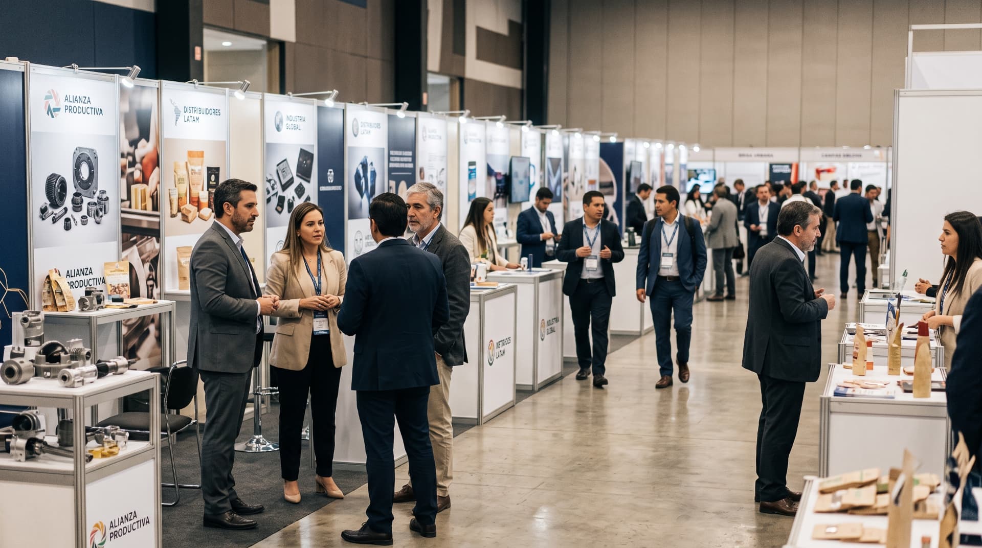 Feria comercial con stands de distribuidores y visitantes conversando
