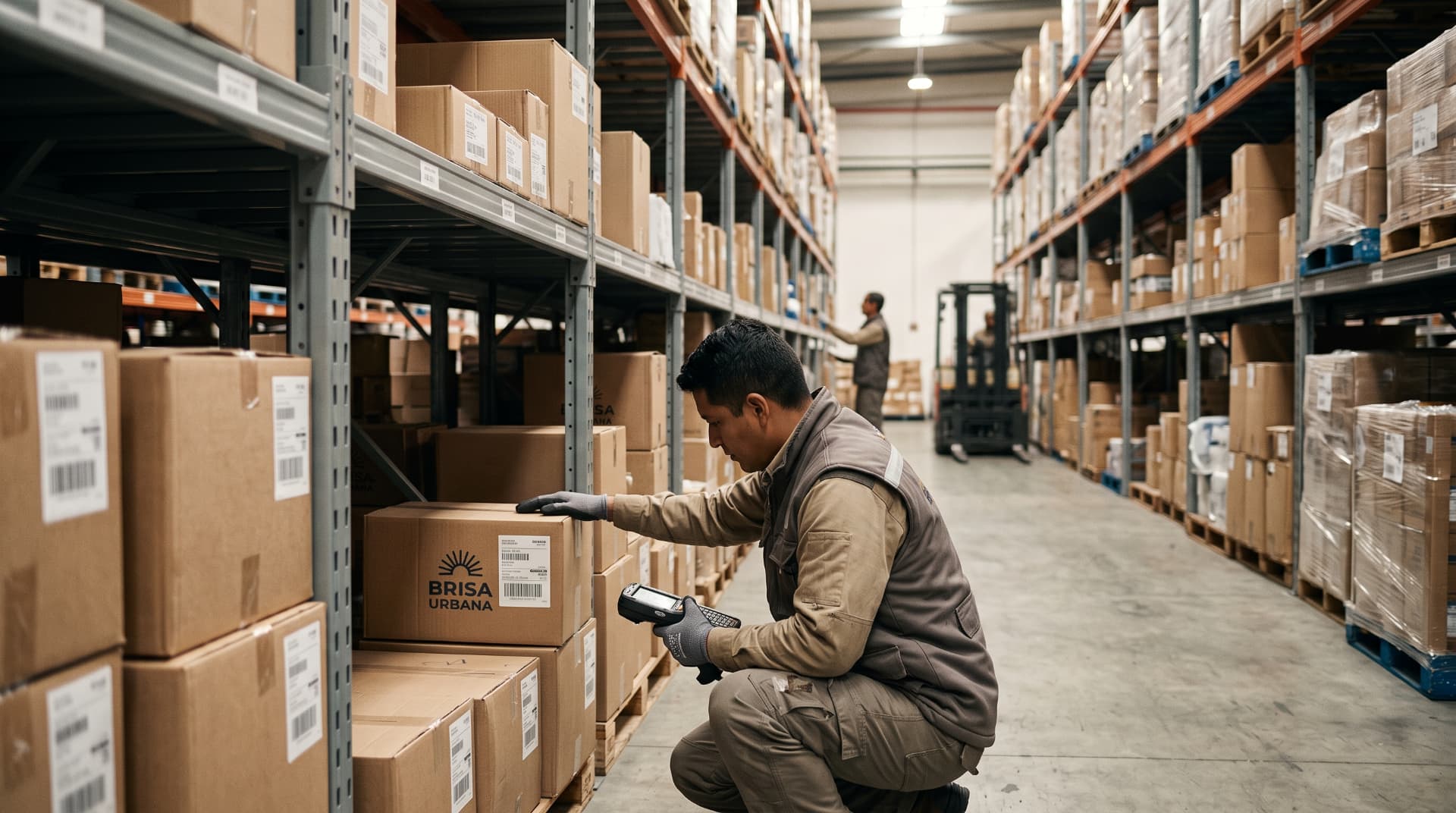 Operario escaneando cajas en una bodega de distribución