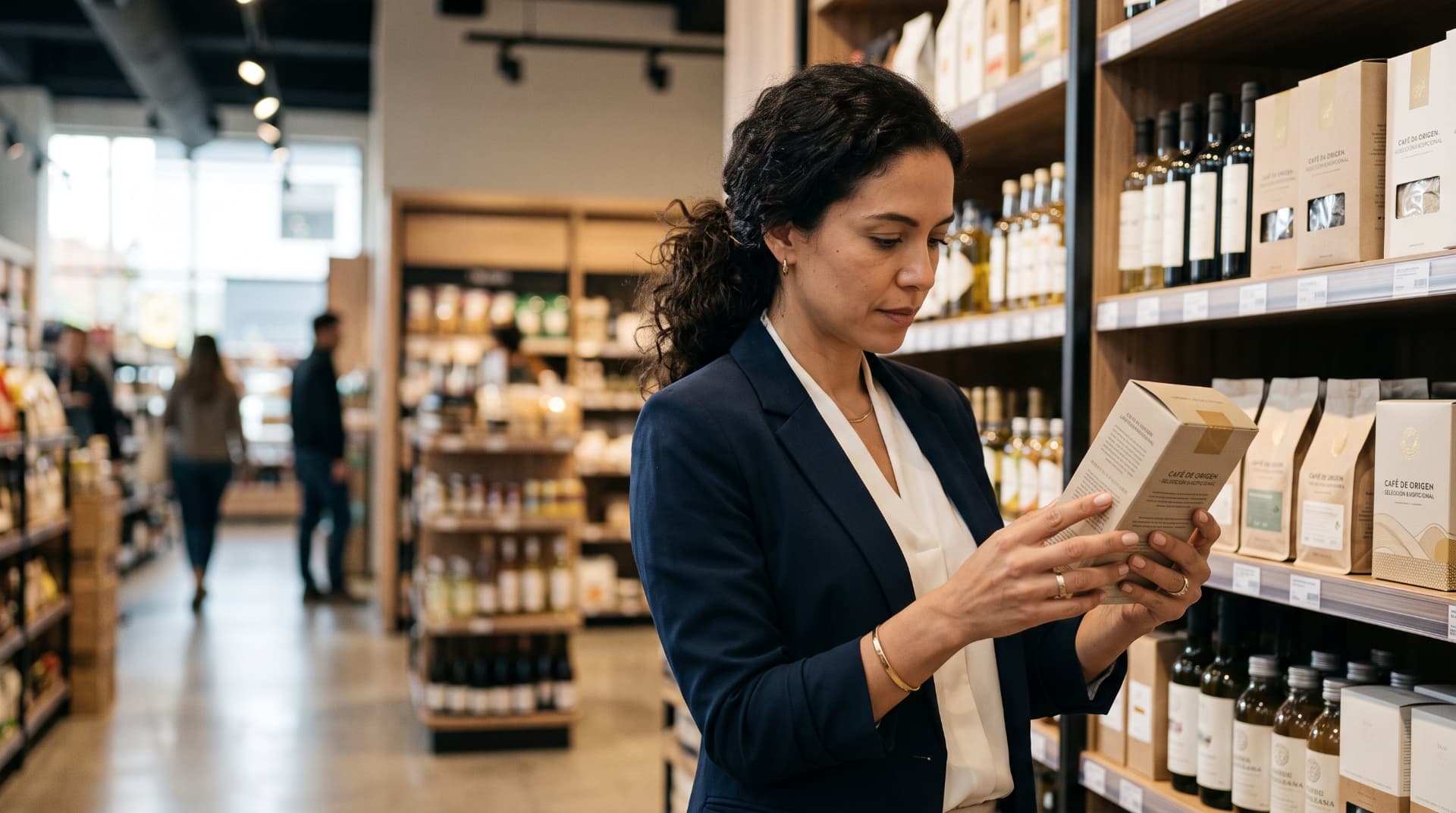 Compradora revisando el empaque de un producto en la estantería de una tienda